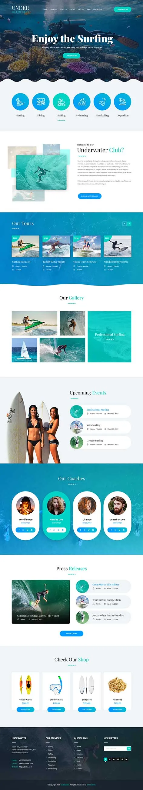 Scuba Diving Courses WordPress Theme with course booking and underwater adventure gallery